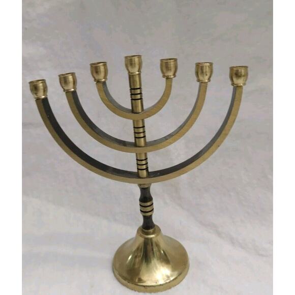 Small Brass And Black Menorah Seven Candle Etched Jerusalem Hanukkah - Picture 1 of 9